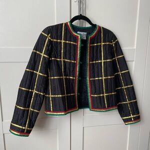 Vintage Silk Cropped Black Quilted Jacket with Metallic Accents